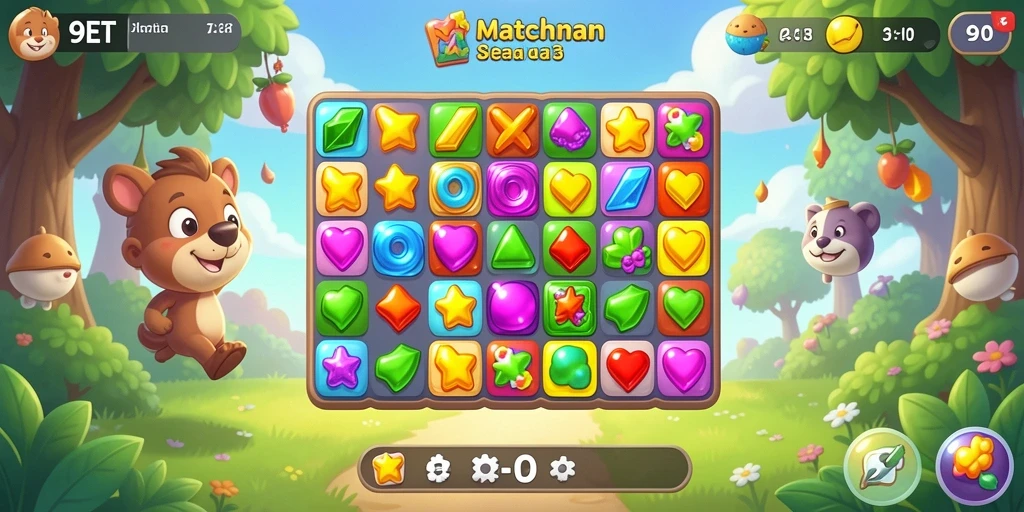 Screenshot utama 9ET menampilkan momen seru permainan Match-3.