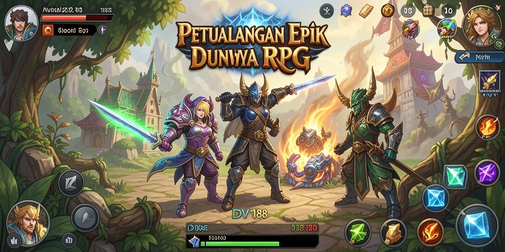 Screenshot utama DV188 menampilkan aksi pertarungan yang seru dalam permainan RPG.
