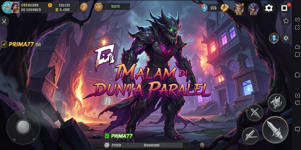 Screenshot gameplay PRIMA77 menunjukkan makhluk menyeramkan dalam kegelapan.