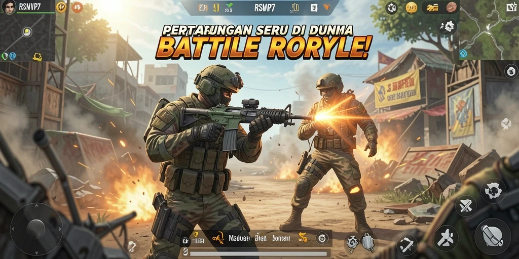 Screenshot utama RSNVIP7 menunjukkan aksi pertempuran intens di arena Battle Royale.