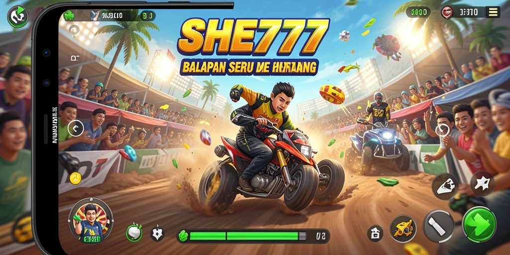 Screenshot gameplay SHE777 menunjukkan aksi balapan yang intens dan menarik.